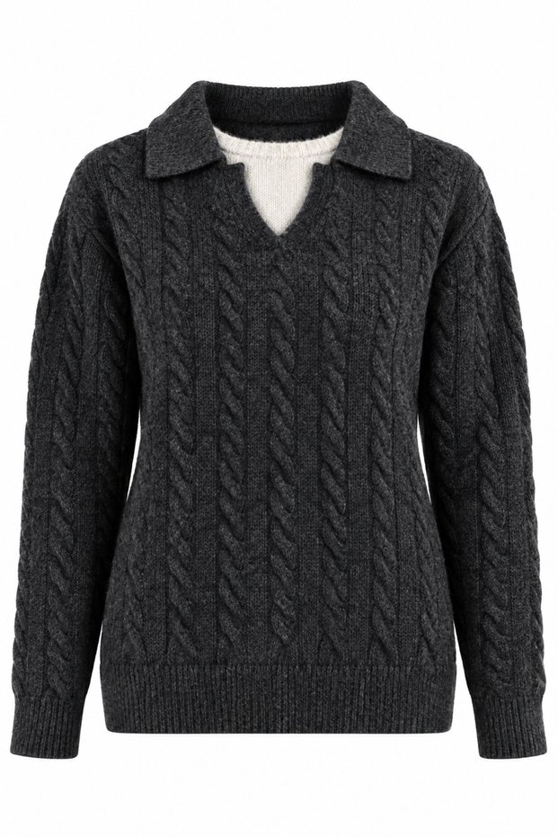Anthracite Polo Collar Hair Braided Sweater