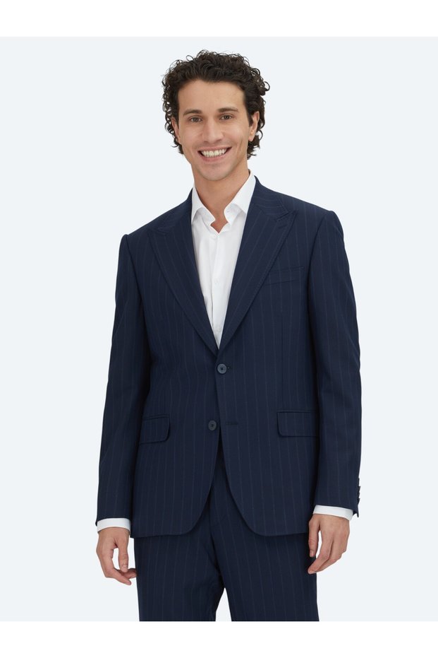 Navy Blue Striped Modern Fit Wool Blend Suit
