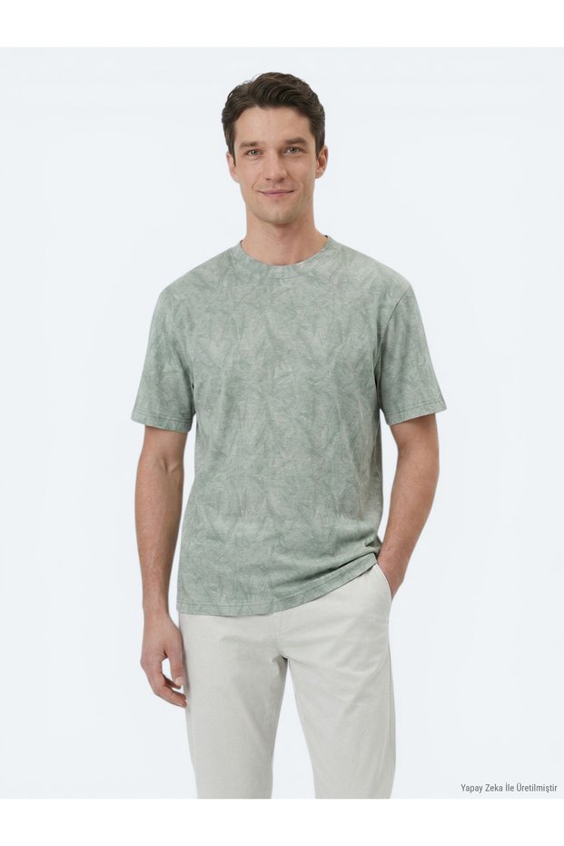 Green Printed Cotton Blend T-Shirt