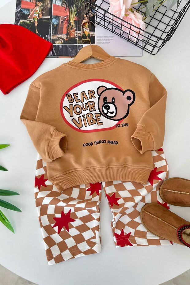 Bear Vibe Printed Checkered Boys' 2-Piece Set - Brown