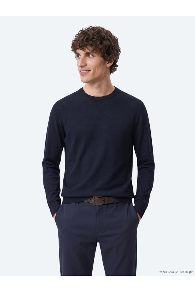 Navy Blue Crew Neck Plain Knit Wool Blended Sweater