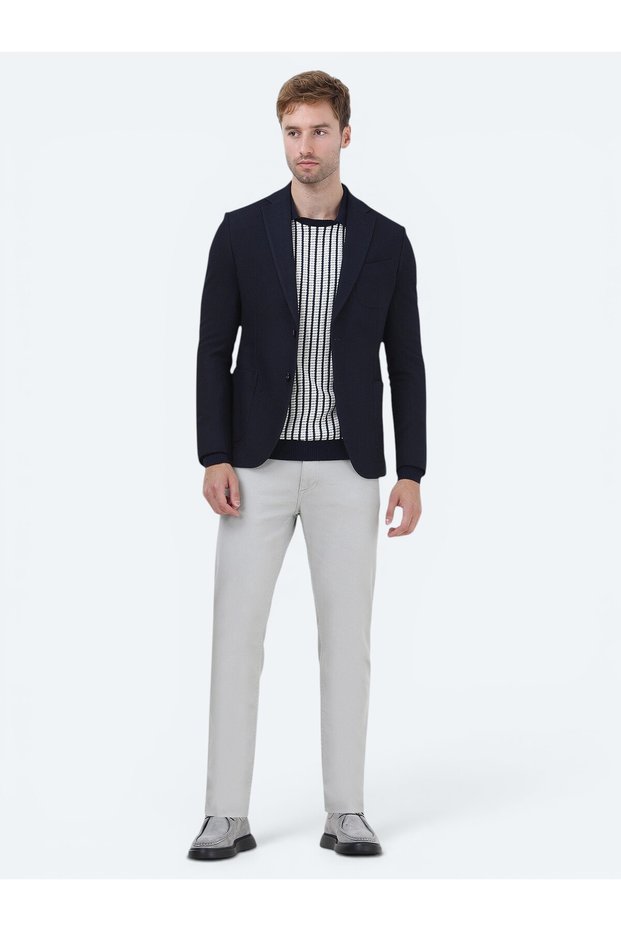 Navy Blue Striped Modern Fit Jacket