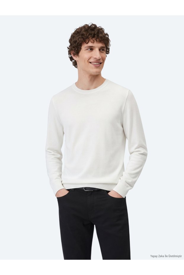Ecru Crew Neck Plain Knit Sweater