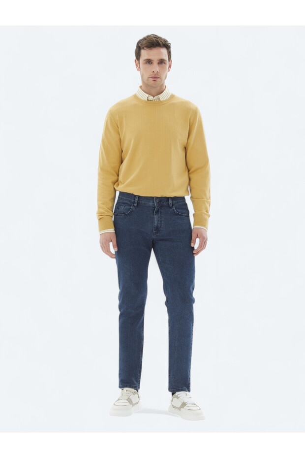 Navy Blue Slim Fit Denim Cotton Blended Trousers