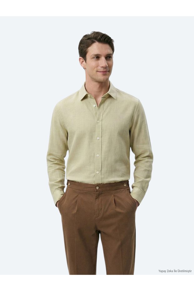 Oil Green Plain Regular Fit Long Woven Casual 100% Cotton Shirt