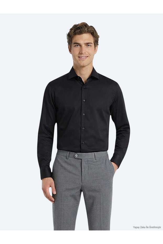 Black Regular Fit Long Woven Classic 100% Cotton Shirt