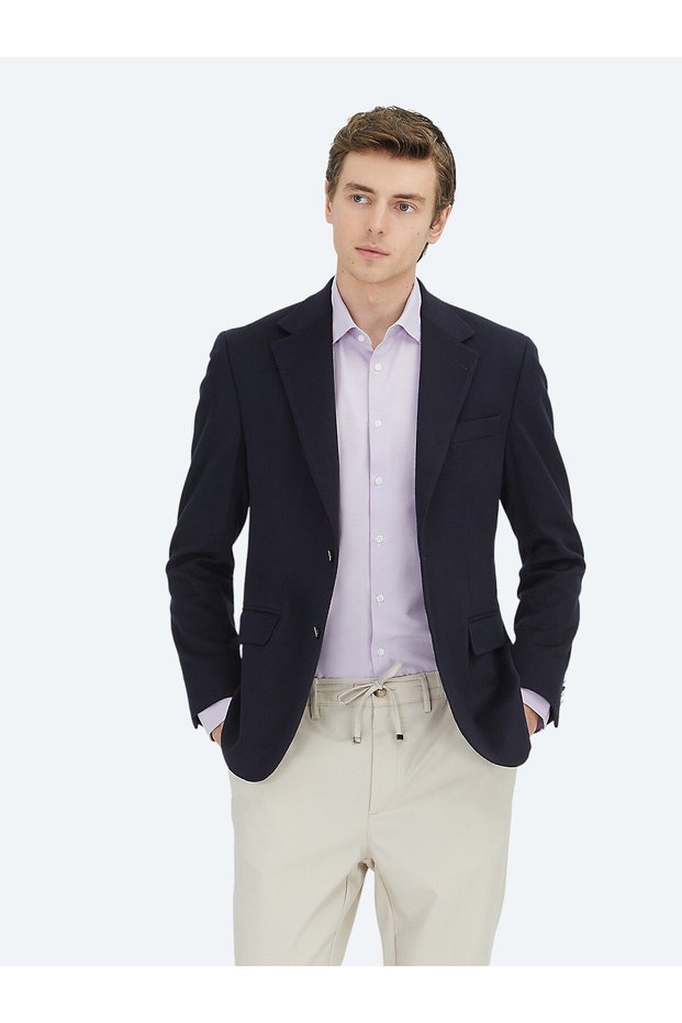 Navy Blue Plain Modern Fit Wool Blend Jacket