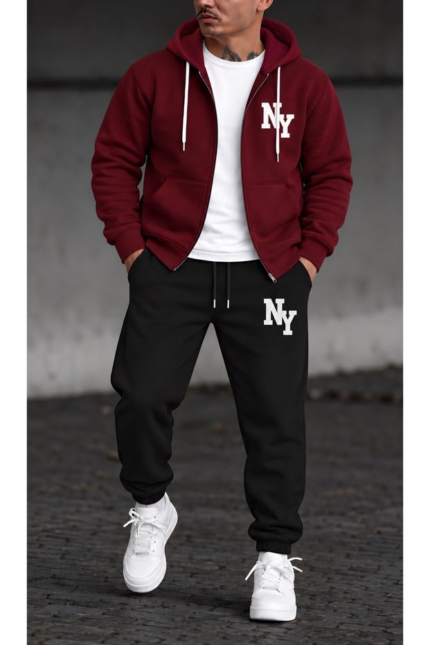 Double Color Hooded New York Printed Full Winter Warm Regular Burgundy Cardigan - Tracksuit Set of 2
