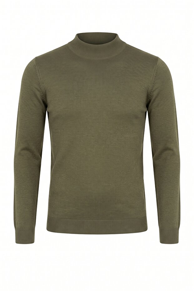 Men's Khaki Half Turtleneck Slim Fit Knitwear Sweater