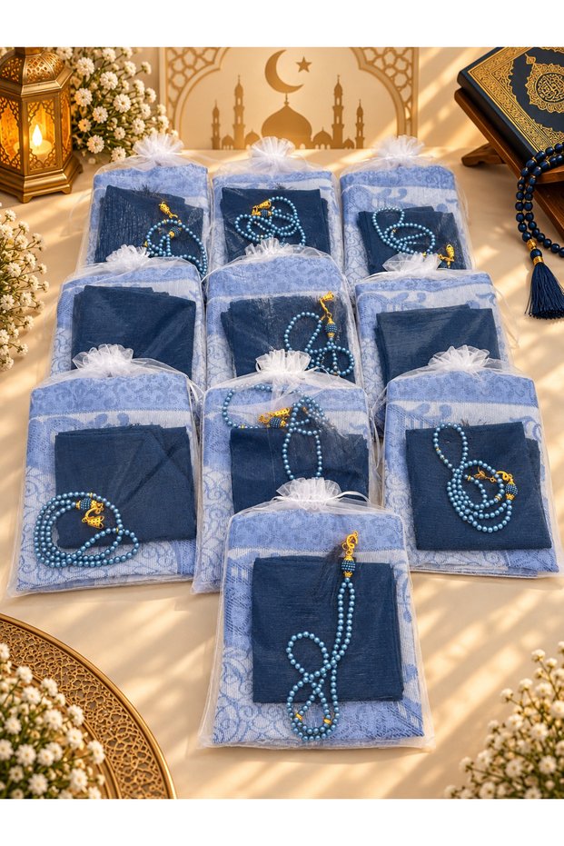 10 pieces of dark blue gift (dowry-mevlut-hajj-umra) prayer mat with flame cover tasbih set