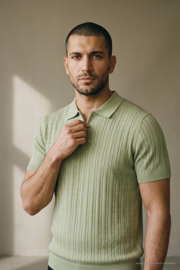 Men's Trendy Striped Green Polo Collar Knitwear T-Shirt