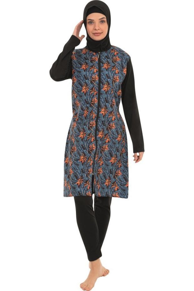 Patterned Tights Full Covered Hijab Swimsuit 1800-18