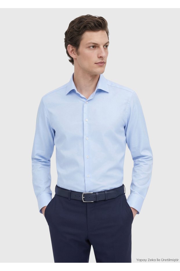 Blue Patterned Regular Fit Long Woven Classic 100% Cotton Shirt