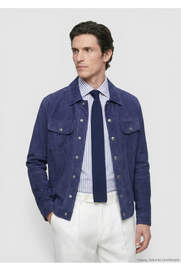 Blue Plain Regular Fit Leather Jacket