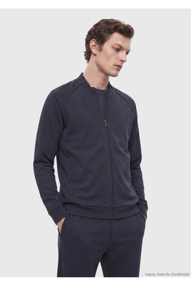 Navy Blue High Collar Plain Sweatshirt