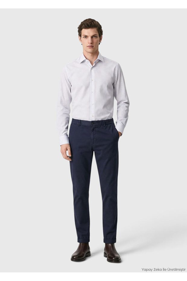 Navy Blue Plain Weave Jogging Fit Casual Pants
