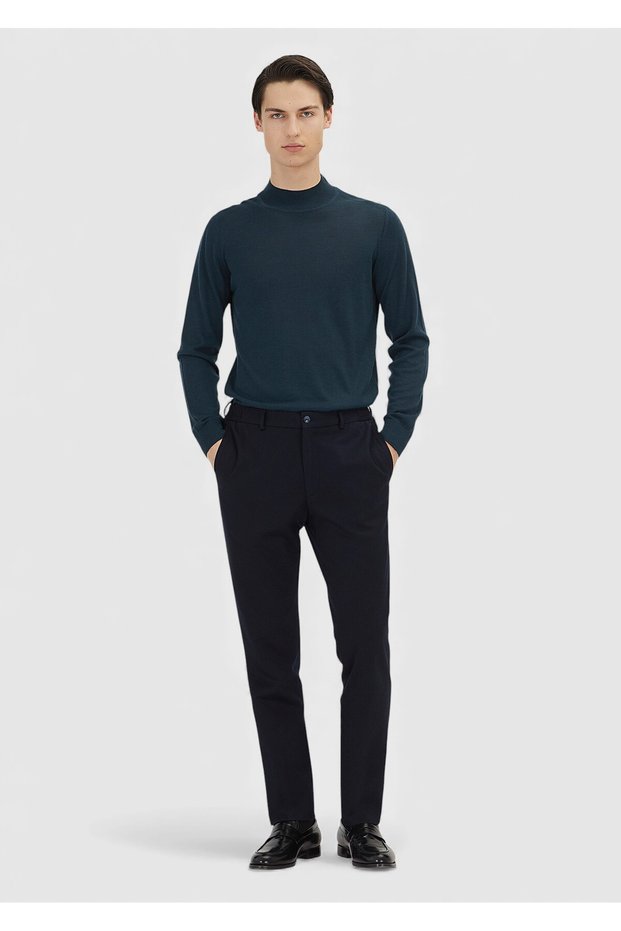 Navy Blue Plain Knitted Modern Fit Classic Wool Blend Trousers