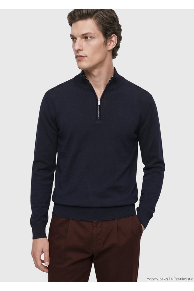 Navy Blue Bato Collar Plain Knitted Wool Blended Sweater