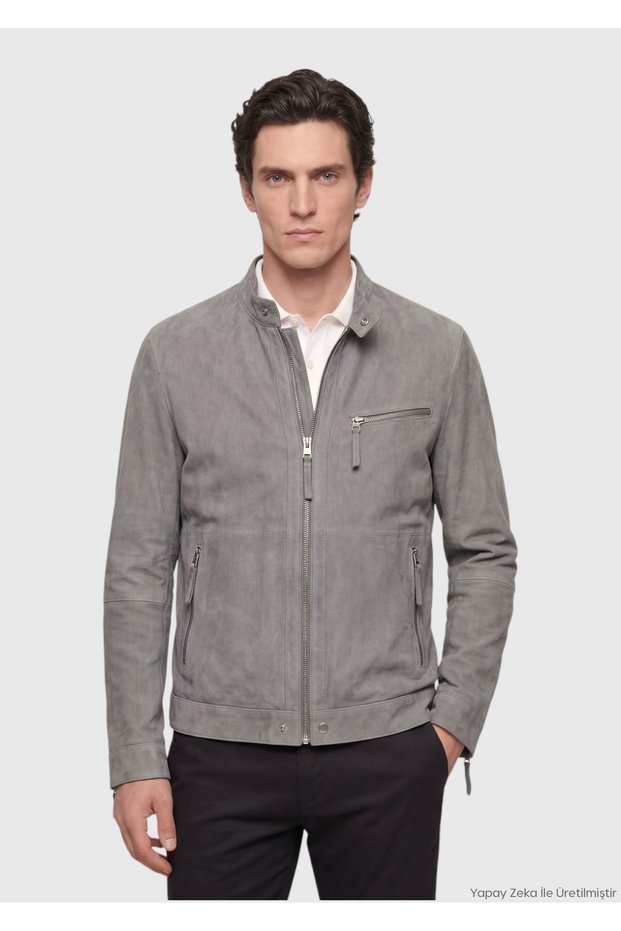 Dark Gray Regular Fit Stand Collar Suede Leather Coat