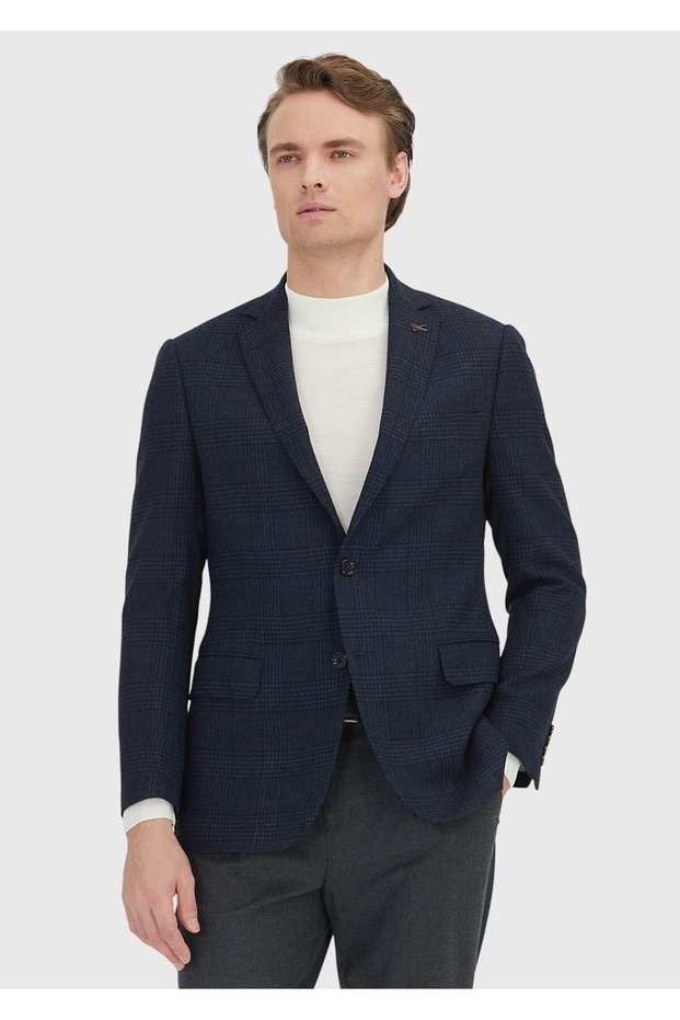 Navy Blue Patterned Regular Fit 100% Wool Jacket