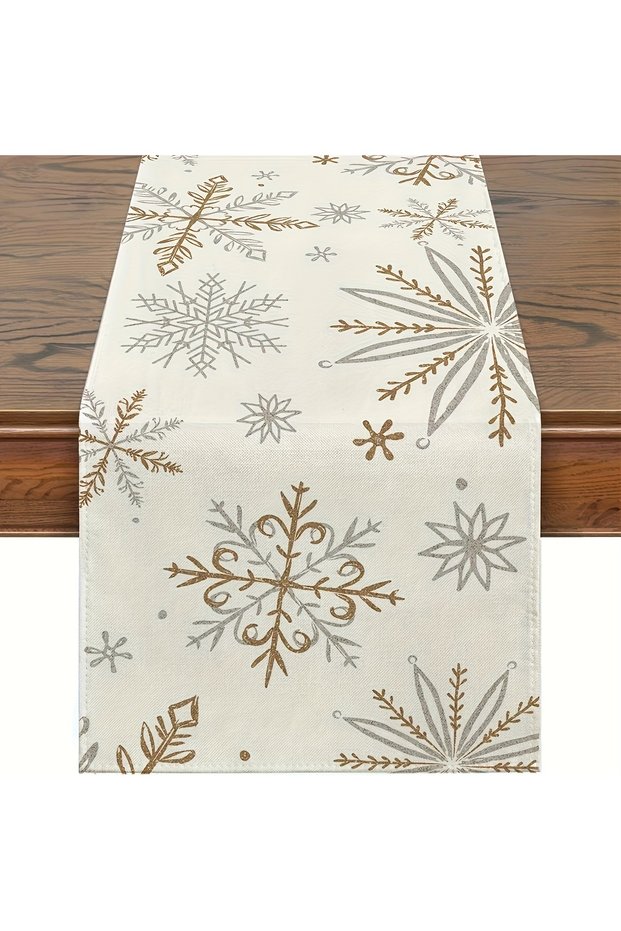 33X183cm Winter Table Runner, Snowflake Decorations White Gold Winter Runner for Table Seasonal Chri