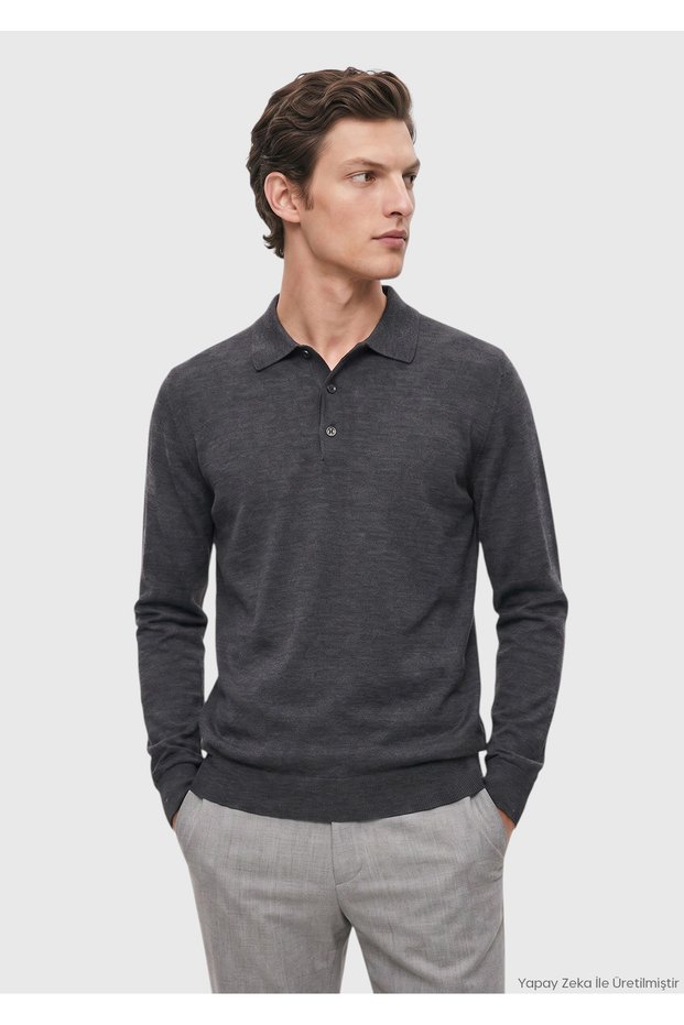 Anthracite Polo Neck Plain Knit Wool Blended Sweater
