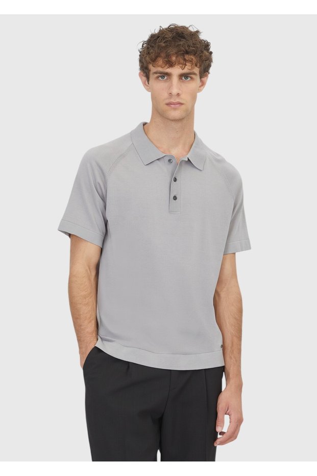 Gray Polo Collar Plain Knit Silk Blend Knitwear