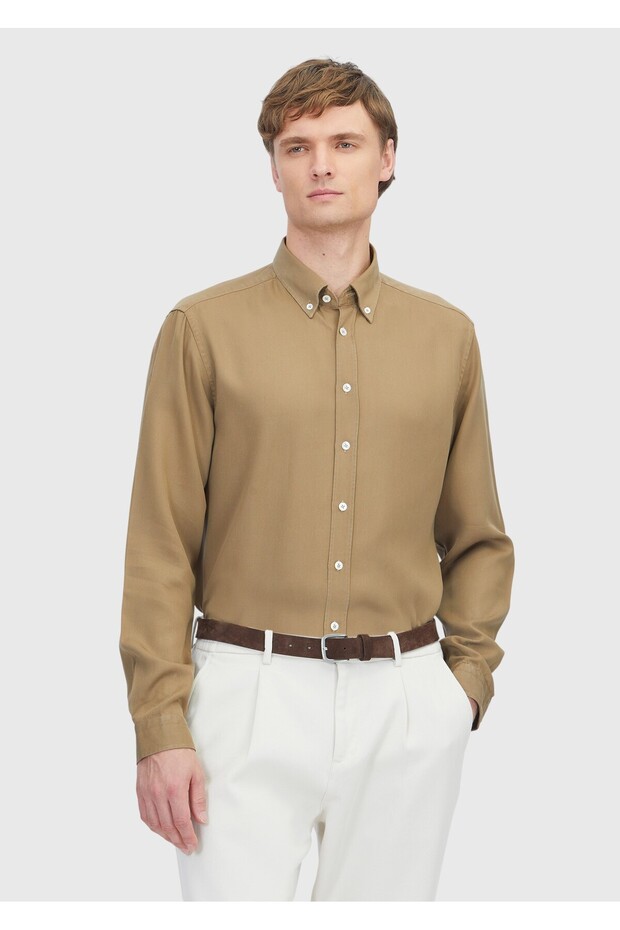Oil Green Plain Long Woven Casual Shirt