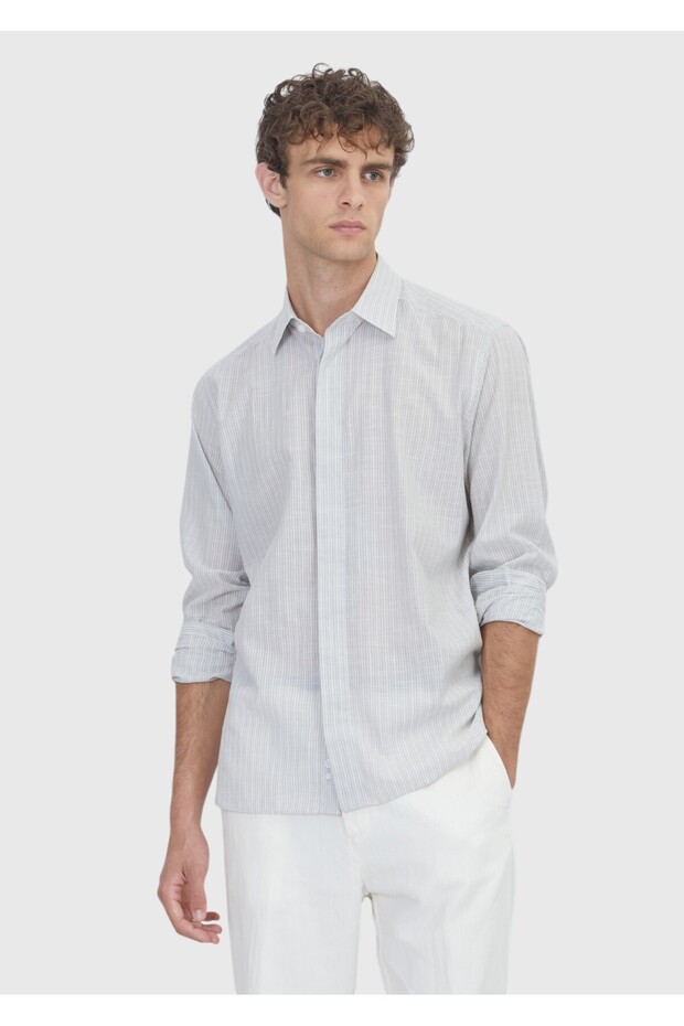 Gray Striped Regular Fit Long Woven Casual 100% Cotton Shirt