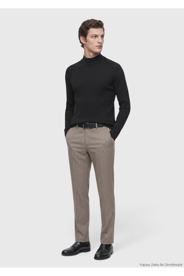 Light Brown Plain Fabric Regular Fit Classic 100% Wool Trousers