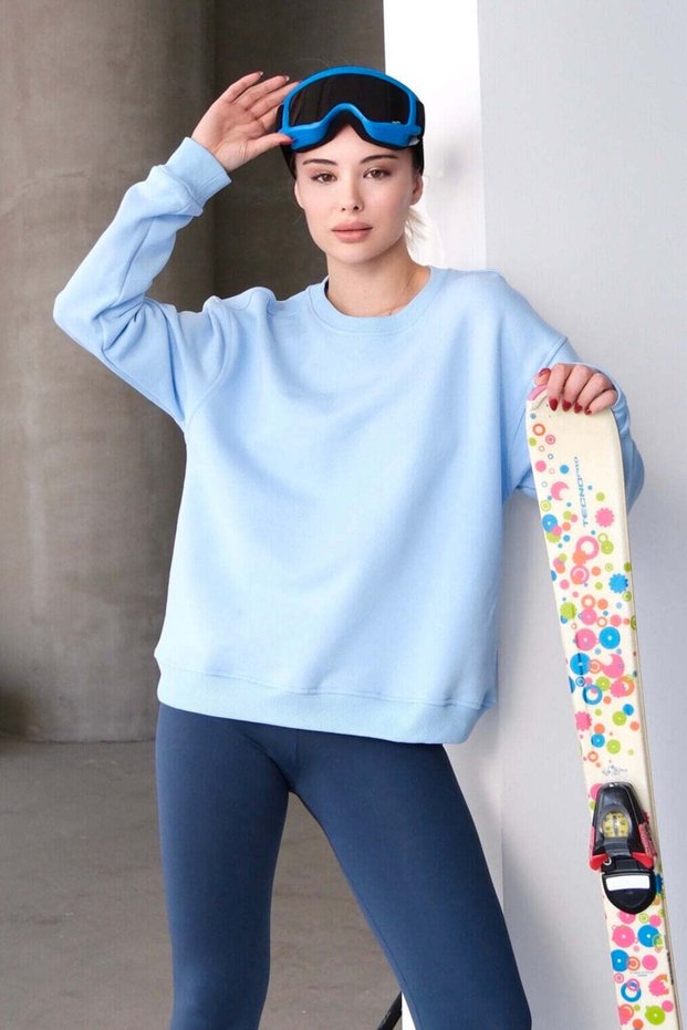 Crew Neck Basic Pattern Blue Women's Sweatshirt Tracksuit Top - Aura