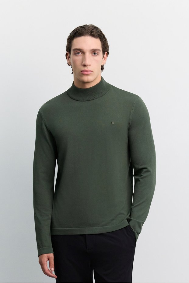 Men's Khaki Half Turtleneck Rayon Non-Pilling Basic Regular Fit Knitwear Sweater B005151
