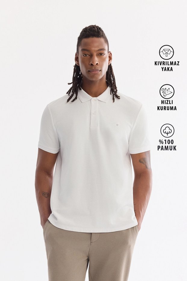 Men's White Non-Curling Polo Collar 100% Cotton Basic Regular Fit T-Shirt B001032