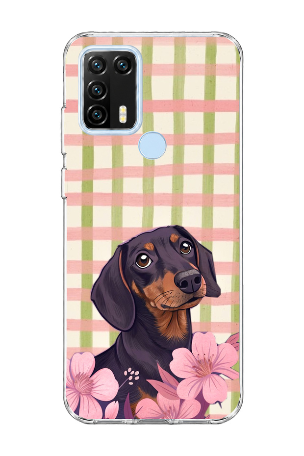 General Mobile Gm 21 Pro Compatible Sausage Dog Pink Plaid Printed Transparent Phone Case