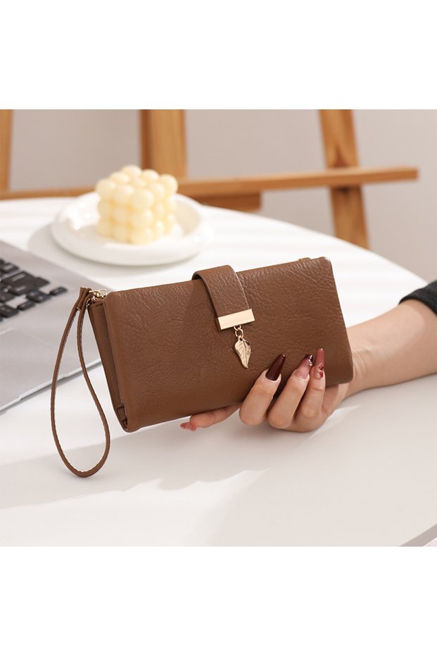 Elegant Metal Leaf Detailed Zipper Wallet
