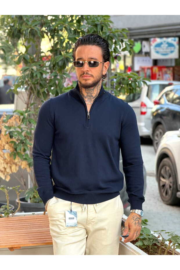 25-12 Half Zipper Basic Knitwear Sweatshirt Navy Blue