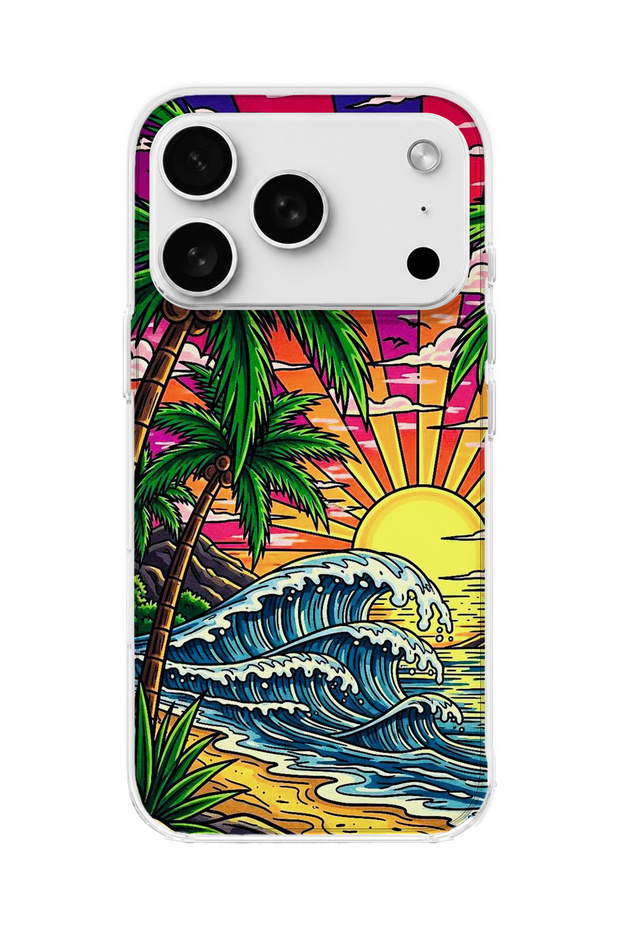 iPhone 18 Pro Compatible Palm Wave Sunset Printed Transparent Phone Case