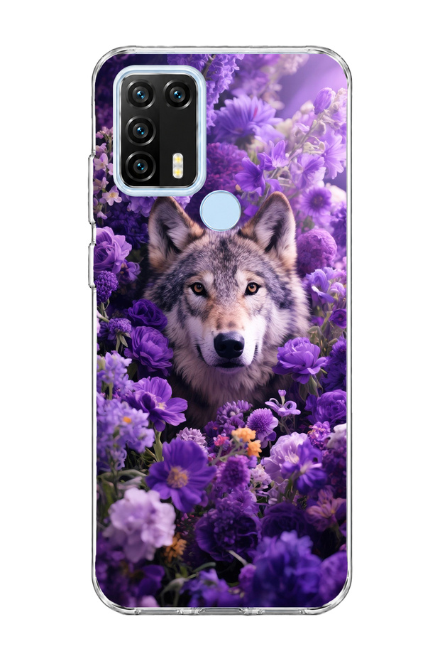 General Mobile Gm 21 Pro Compatible Wolf and Purple Flower Printed Transparent Phone Case