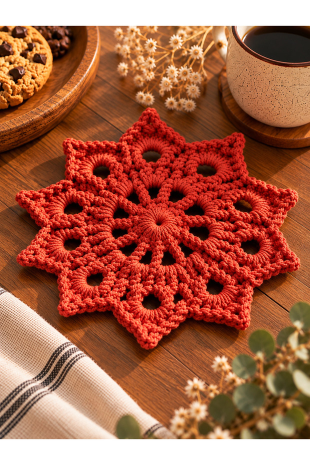 Hubush Rustic Coaster – Hand Knitted Star Motif Decorative Coaster Single - Tile