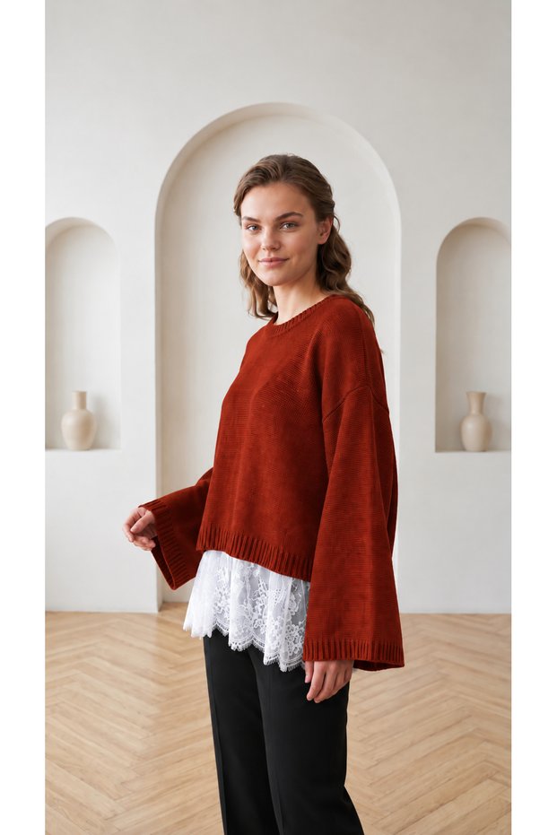 Women's Lace Detailed Crew Neck Oversize Knitwear Sweater