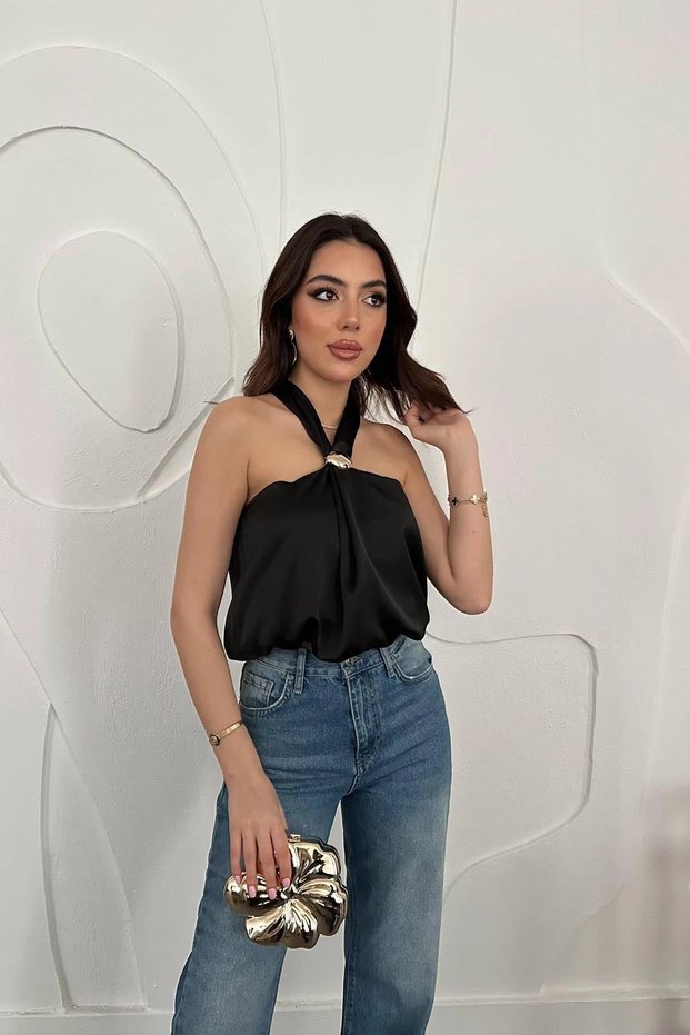 Women's Black Satin Halter Neck Metal Buckle Detailed Sleeveless Halter Neck Flowy Blouse