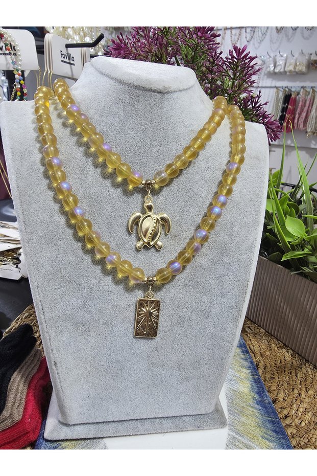 Yellow Glass Beads Elegant Necklace with Gold Details