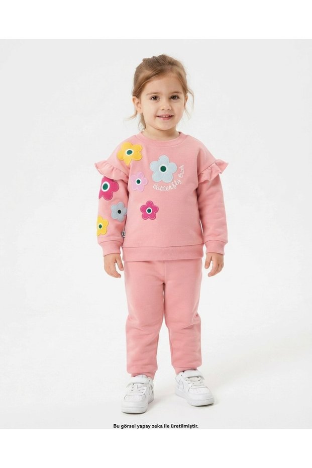 Girl's Winter 3-Yarn Thick Tracksuit Set with Ruffle Trim, Fleece Inside, and Daisy Embroidery for Ages 2-3-4-5-6