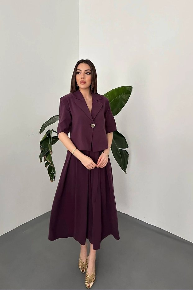 Women's Plum Short Sleeve Jacket Lapel Single Button Flared Midi Skirt Bottom Top Set