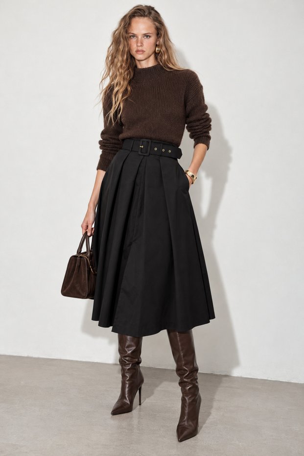 Women's Black High Waist Belt Detailed Pleated Flared Midi Trend Skirt
