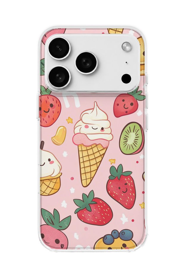 iPhone 18 Pro Max Compatible Ice Cream Strawberry Pink Printed Transparent Phone Case