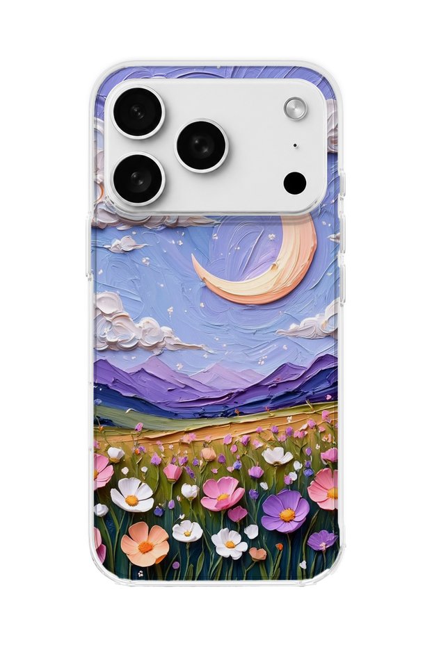 iPhone 18 Pro Max Compatible Crescent and Flower Field Printed Transparent Phone Case