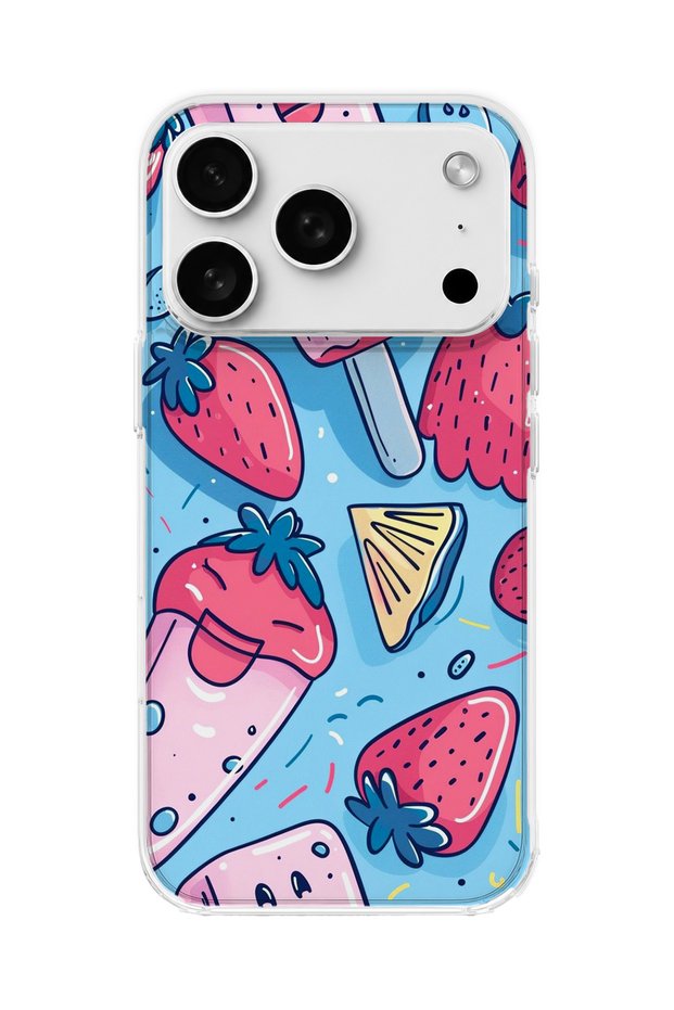 iPhone 18 Pro Compatible Strawberry Ice Cream Blue Printed Transparent Phone Case