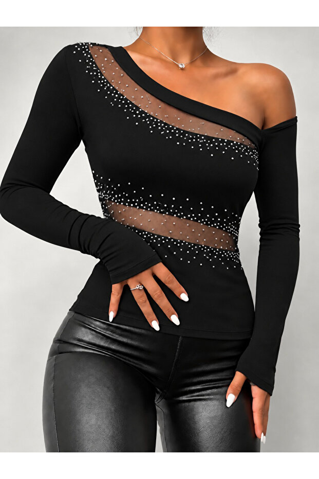 Women's long sleeve one shoulder open beaded and tulle detailed diver blouse