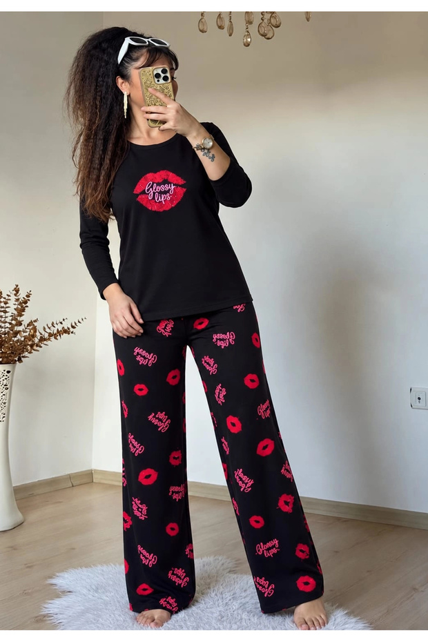 Lip Pattern Pajama Set Black
